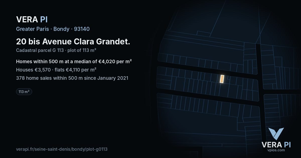 20 bis Avenue Clara Grandet, Bondy at night – the plot lit, the parcels around coloured by the prices near them