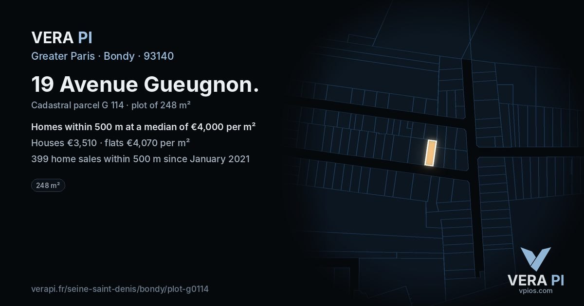 19 Avenue Gueugnon, Bondy at night – the plot lit, the parcels around coloured by the prices near them