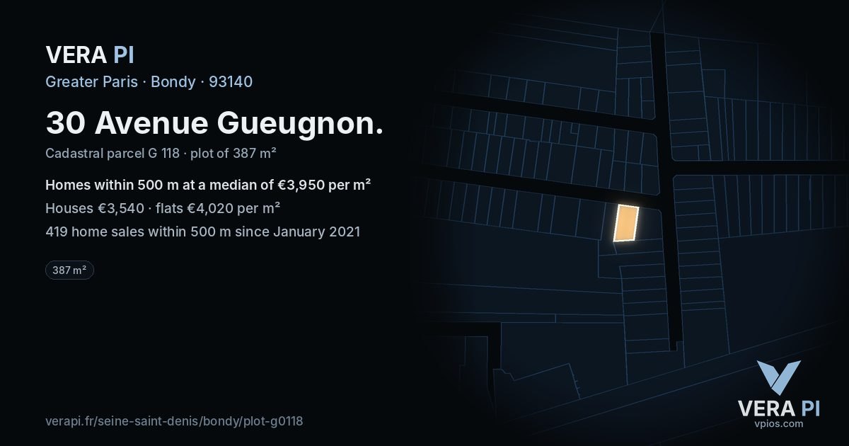 30 Avenue Gueugnon, Bondy at night – the plot lit, the parcels around coloured by the prices near them