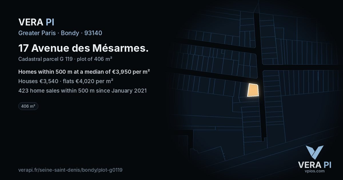 17 Avenue des Mésarmes, Bondy at night – the plot lit, the parcels around coloured by the prices near them