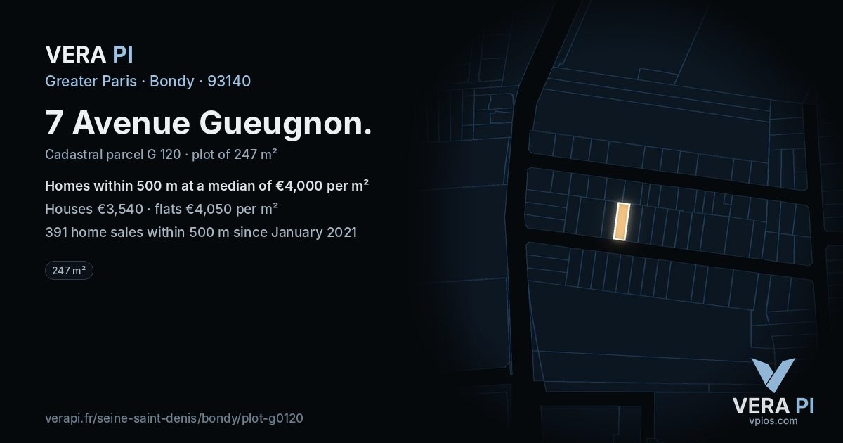 7 Avenue Gueugnon, Bondy at night – the plot lit, the parcels around coloured by the prices near them