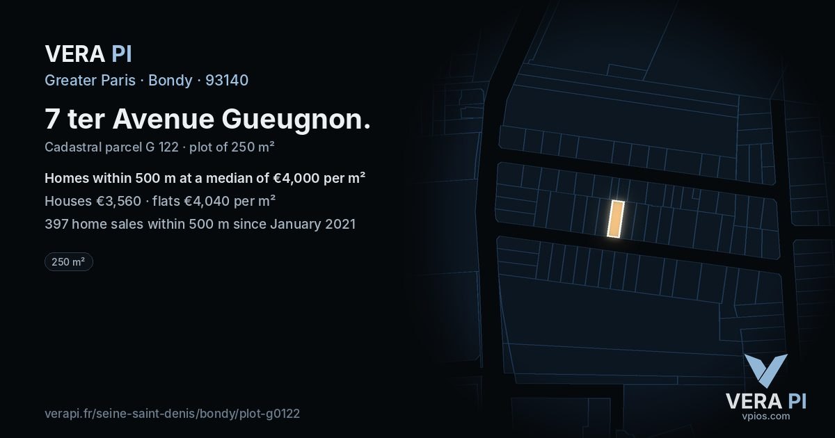 7 ter Avenue Gueugnon, Bondy at night – the plot lit, the parcels around coloured by the prices near them