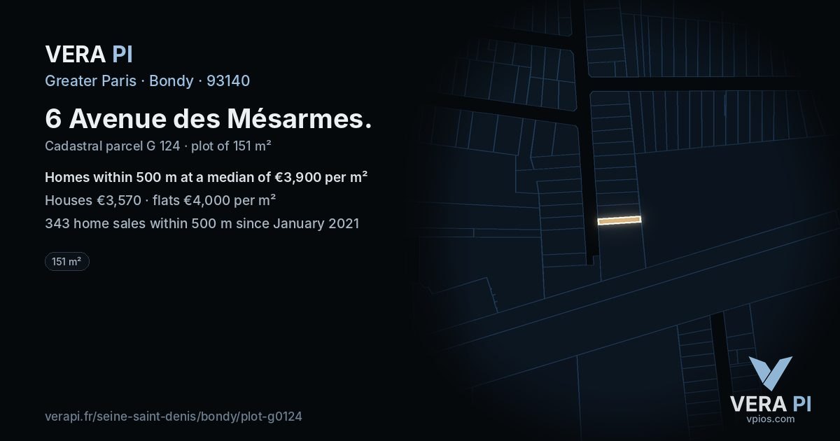 6 Avenue des Mésarmes, Bondy at night – the plot lit, the parcels around coloured by the prices near them