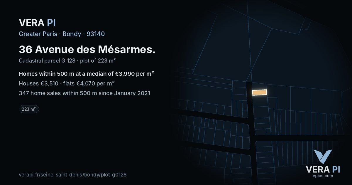 36 Avenue des Mésarmes, Bondy at night – the plot lit, the parcels around coloured by the prices near them