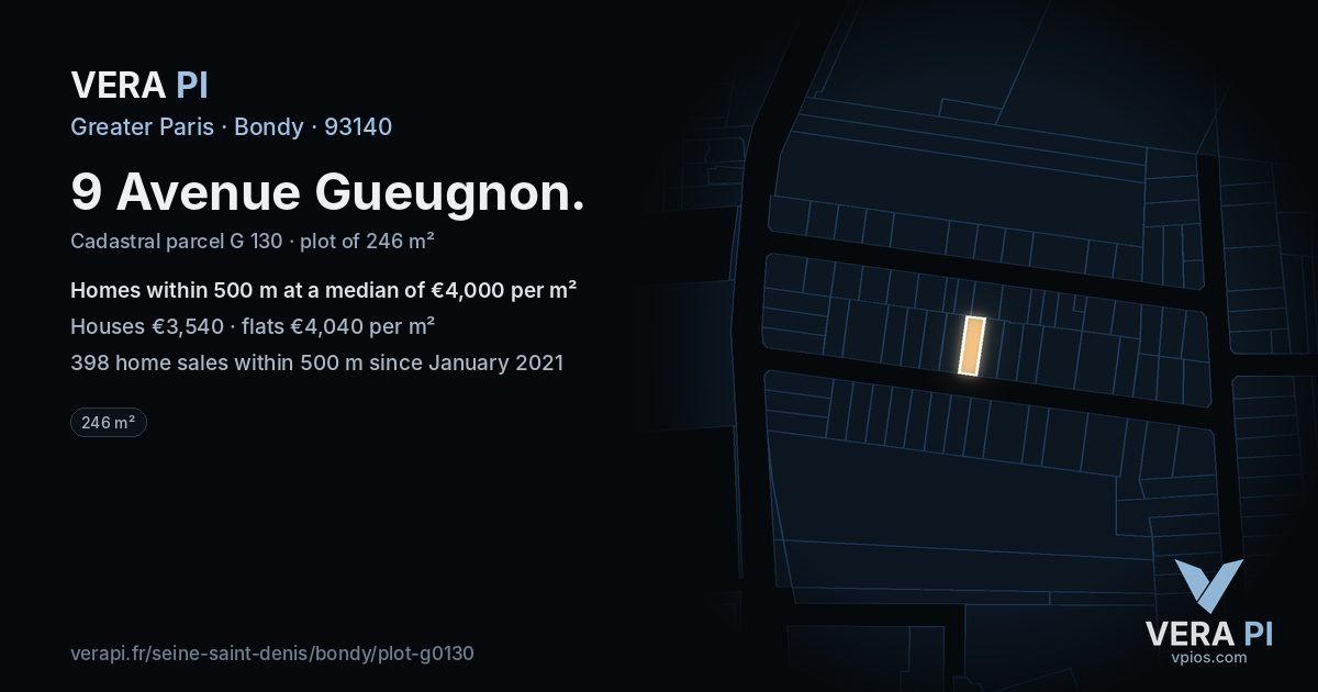 9 Avenue Gueugnon, Bondy at night – the plot lit, the parcels around coloured by the prices near them