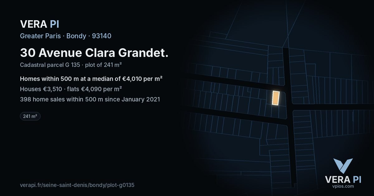 30 Avenue Clara Grandet, Bondy at night – the plot lit, the parcels around coloured by the prices near them