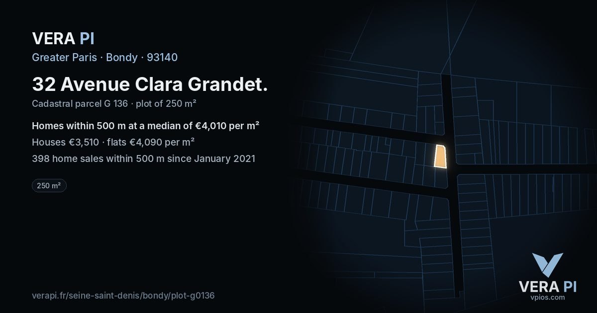 32 Avenue Clara Grandet, Bondy at night – the plot lit, the parcels around coloured by the prices near them