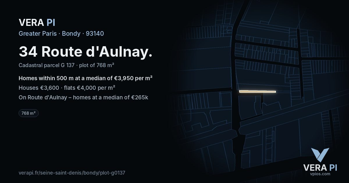 34 Route d'Aulnay, Bondy at night – the plot lit, the parcels around coloured by the prices near them