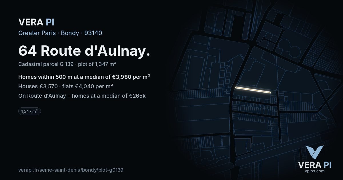64 Route d'Aulnay, Bondy at night – the plot lit, the parcels around coloured by the prices near them