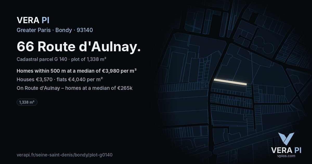 66 Route d'Aulnay, Bondy at night – the plot lit, the parcels around coloured by the prices near them