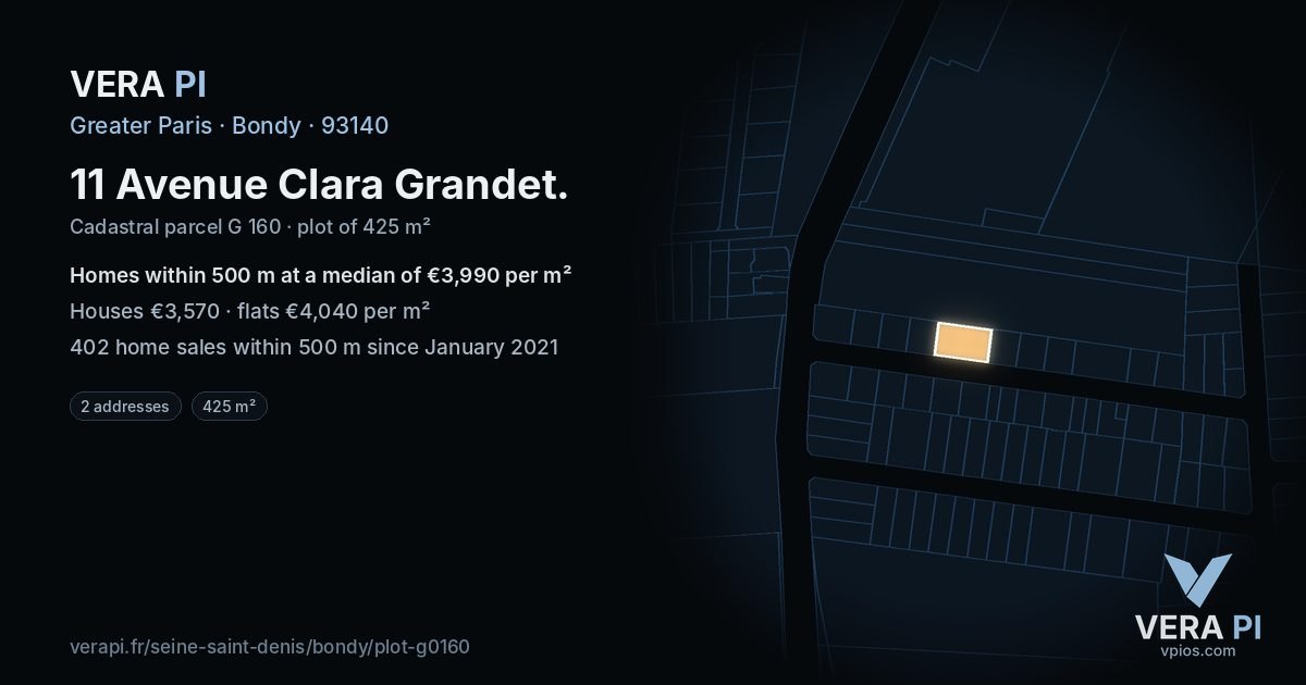 11 Avenue Clara Grandet, Bondy at night – the plot lit, the parcels around coloured by the prices near them
