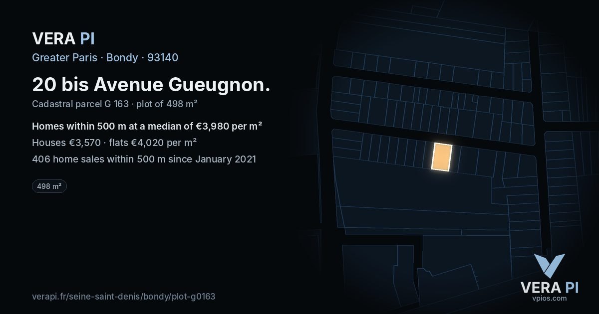 20 bis Avenue Gueugnon, Bondy at night – the plot lit, the parcels around coloured by the prices near them