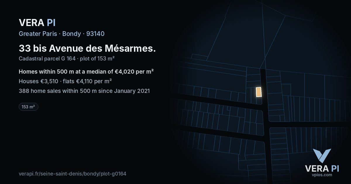 33 bis Avenue des Mésarmes, Bondy at night – the plot lit, the parcels around coloured by the prices near them