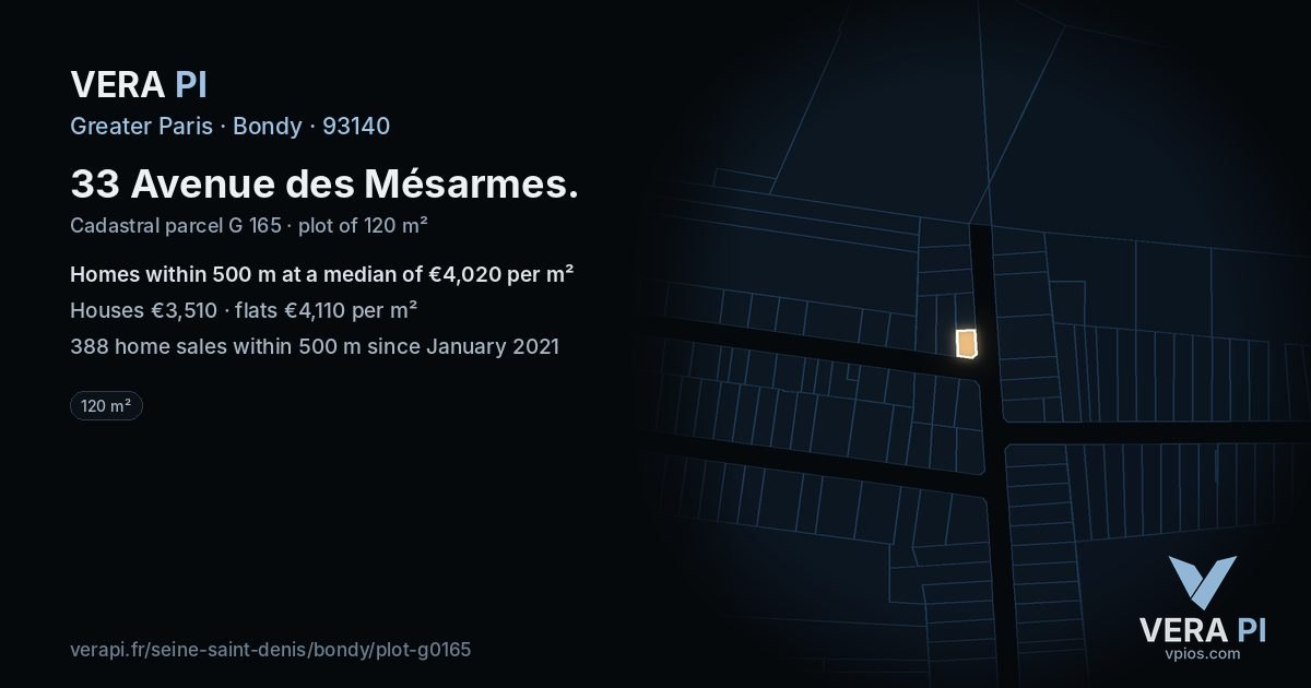 33 Avenue des Mésarmes, Bondy at night – the plot lit, the parcels around coloured by the prices near them