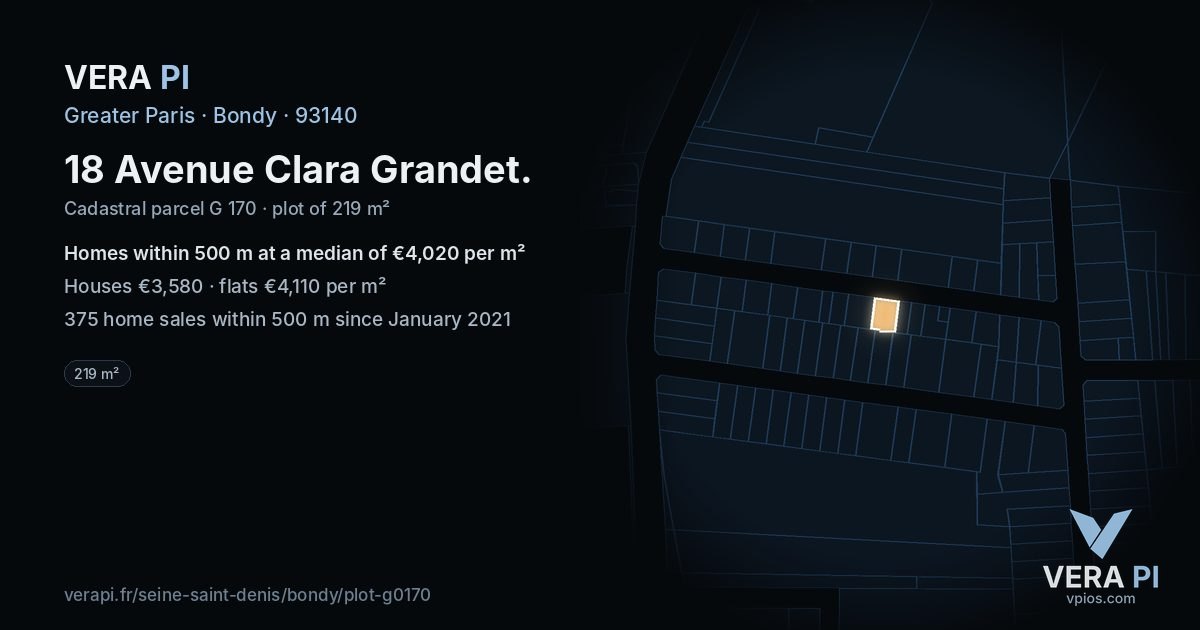 18 Avenue Clara Grandet, Bondy at night – the plot lit, the parcels around coloured by the prices near them