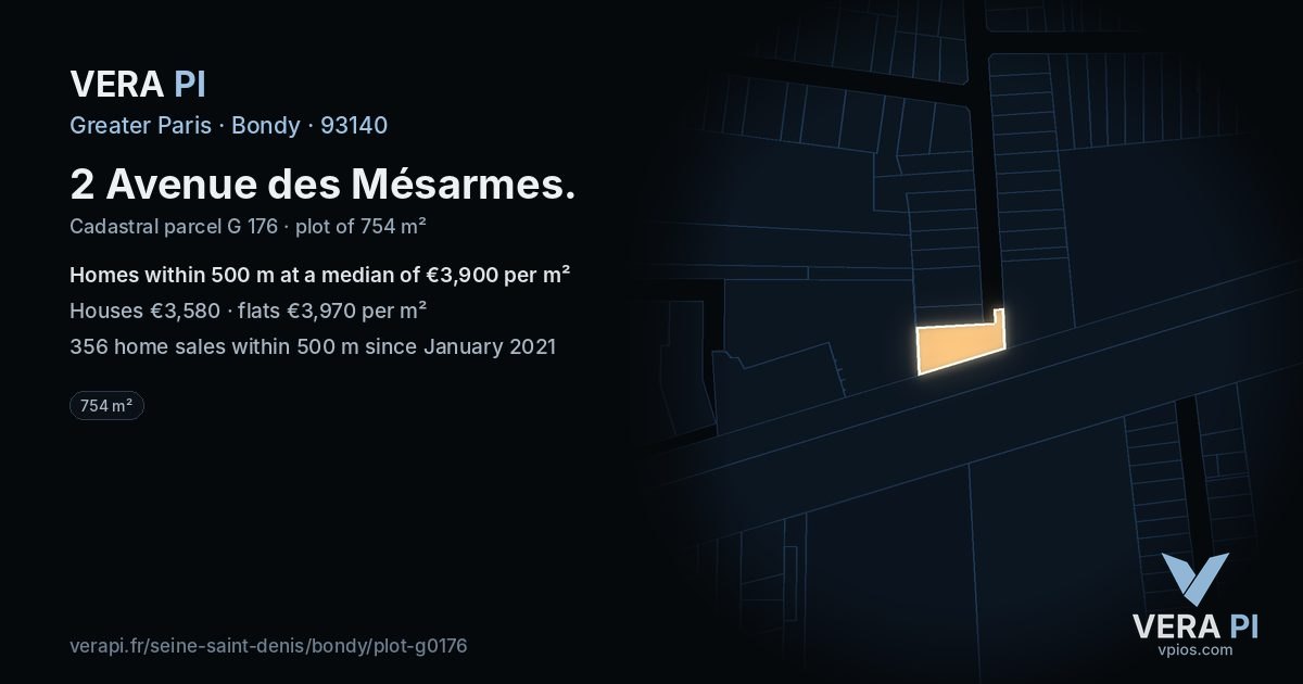 2 Avenue des Mésarmes, Bondy at night – the plot lit, the parcels around coloured by the prices near them