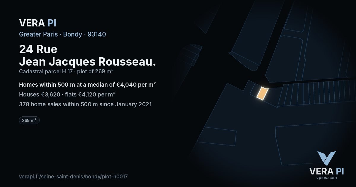 24 Rue Jean Jacques Rousseau, Bondy at night – the plot lit, the parcels around coloured by the prices near them