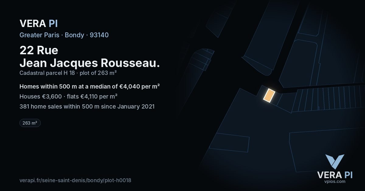 22 Rue Jean Jacques Rousseau, Bondy at night – the plot lit, the parcels around coloured by the prices near them