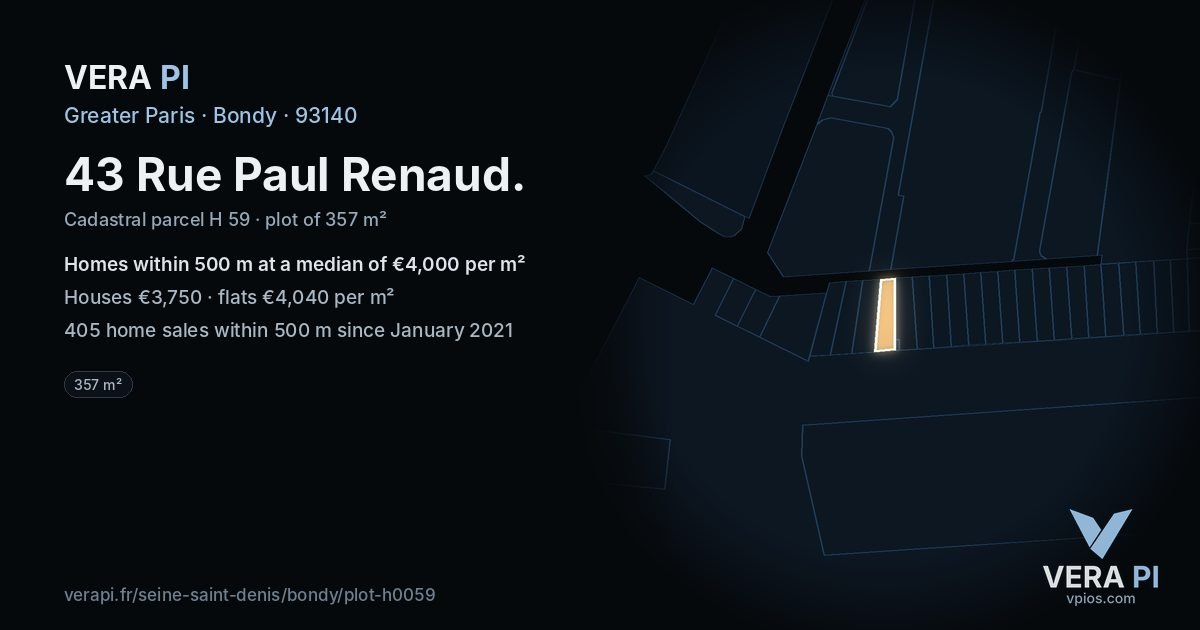 43 Rue Paul Renaud, Bondy at night – the plot lit, the parcels around coloured by the prices near them