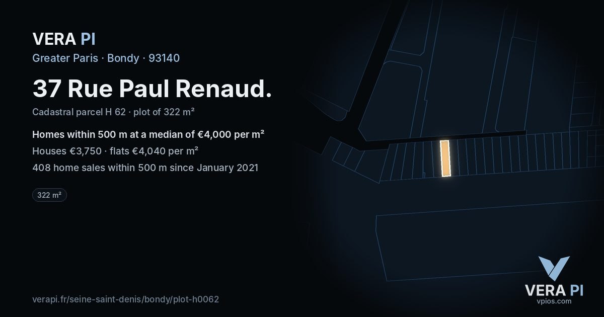 37 Rue Paul Renaud, Bondy at night – the plot lit, the parcels around coloured by the prices near them