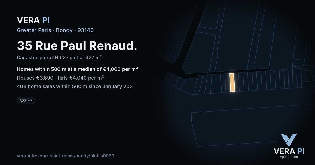 35 Rue Paul Renaud, Bondy at night – the plot lit, the parcels around coloured by the prices near them