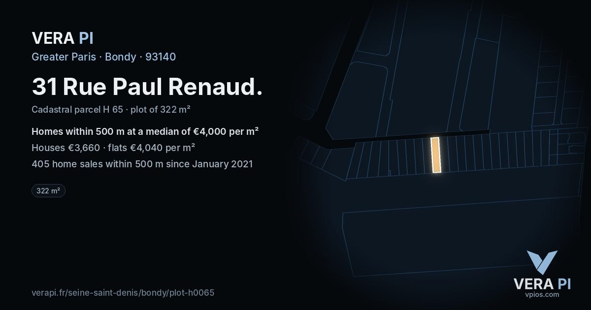 31 Rue Paul Renaud, Bondy at night – the plot lit, the parcels around coloured by the prices near them