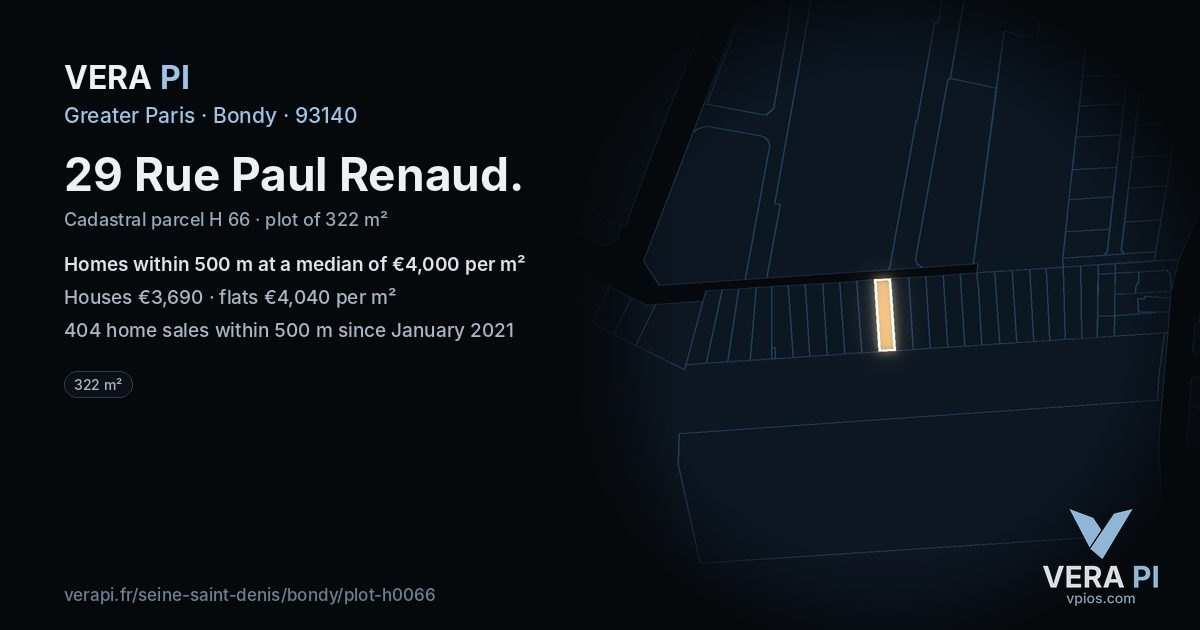 29 Rue Paul Renaud, Bondy at night – the plot lit, the parcels around coloured by the prices near them
