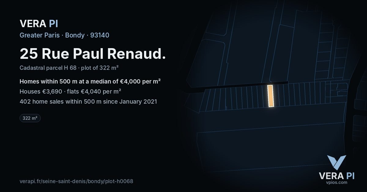 25 Rue Paul Renaud, Bondy at night – the plot lit, the parcels around coloured by the prices near them