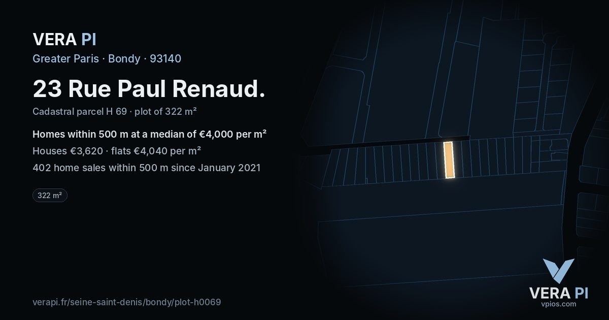 23 Rue Paul Renaud, Bondy at night – the plot lit, the parcels around coloured by the prices near them