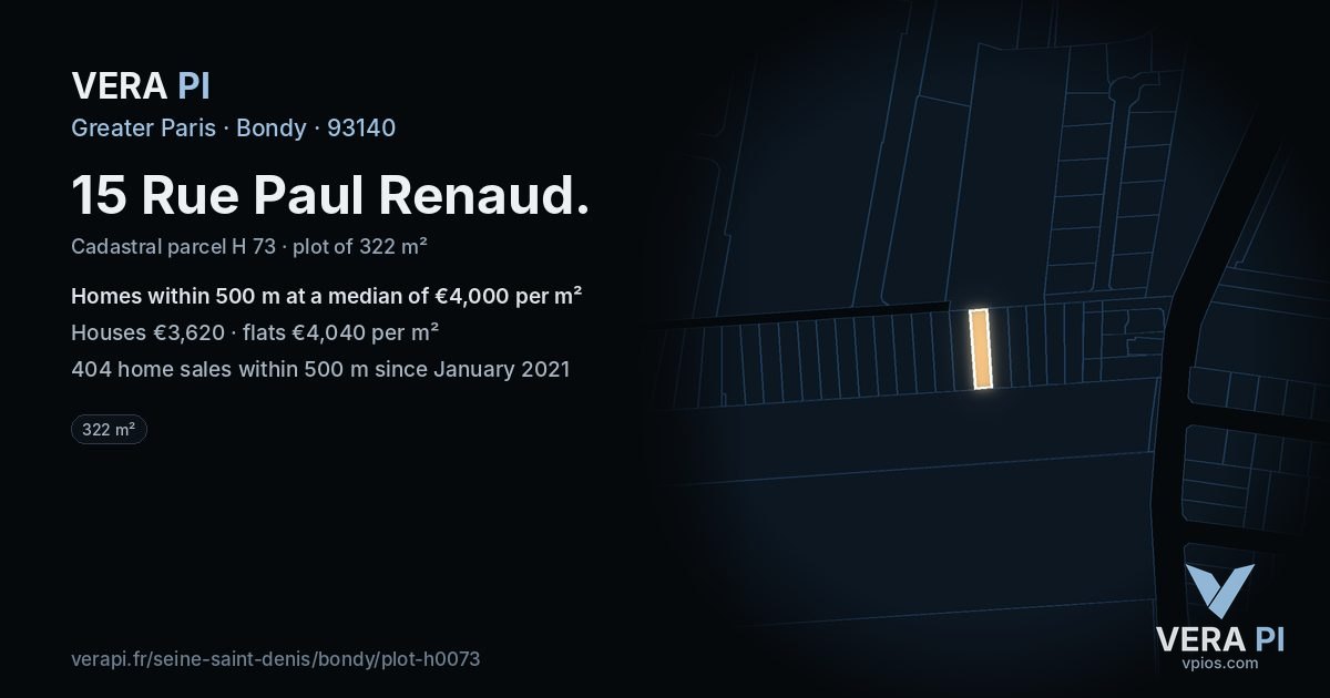 15 Rue Paul Renaud, Bondy at night – the plot lit, the parcels around coloured by the prices near them