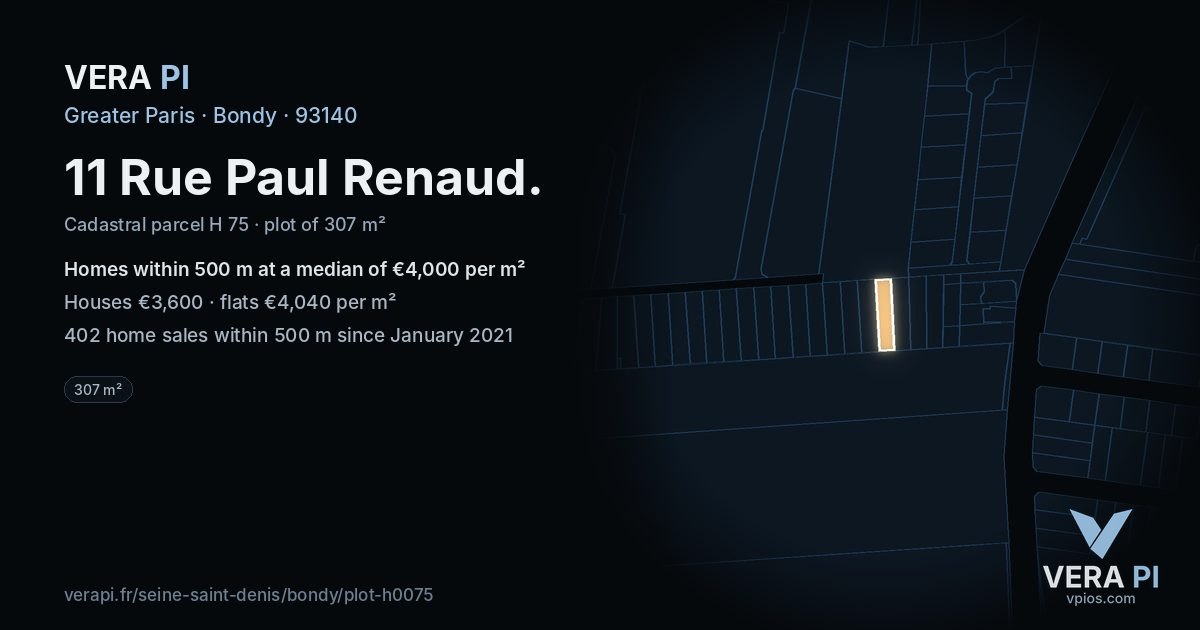 11 Rue Paul Renaud, Bondy at night – the plot lit, the parcels around coloured by the prices near them