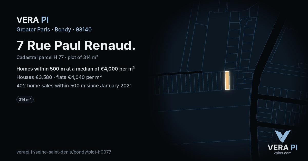 7 Rue Paul Renaud, Bondy at night – the plot lit, the parcels around coloured by the prices near them