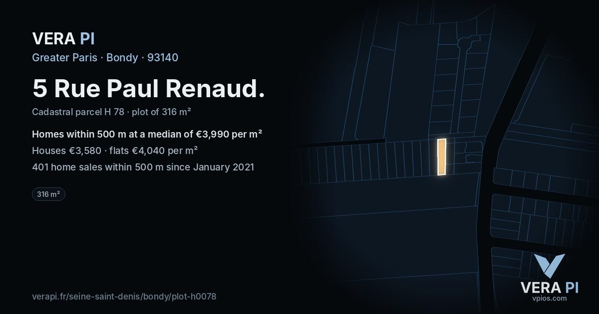 5 Rue Paul Renaud, Bondy at night – the plot lit, the parcels around coloured by the prices near them