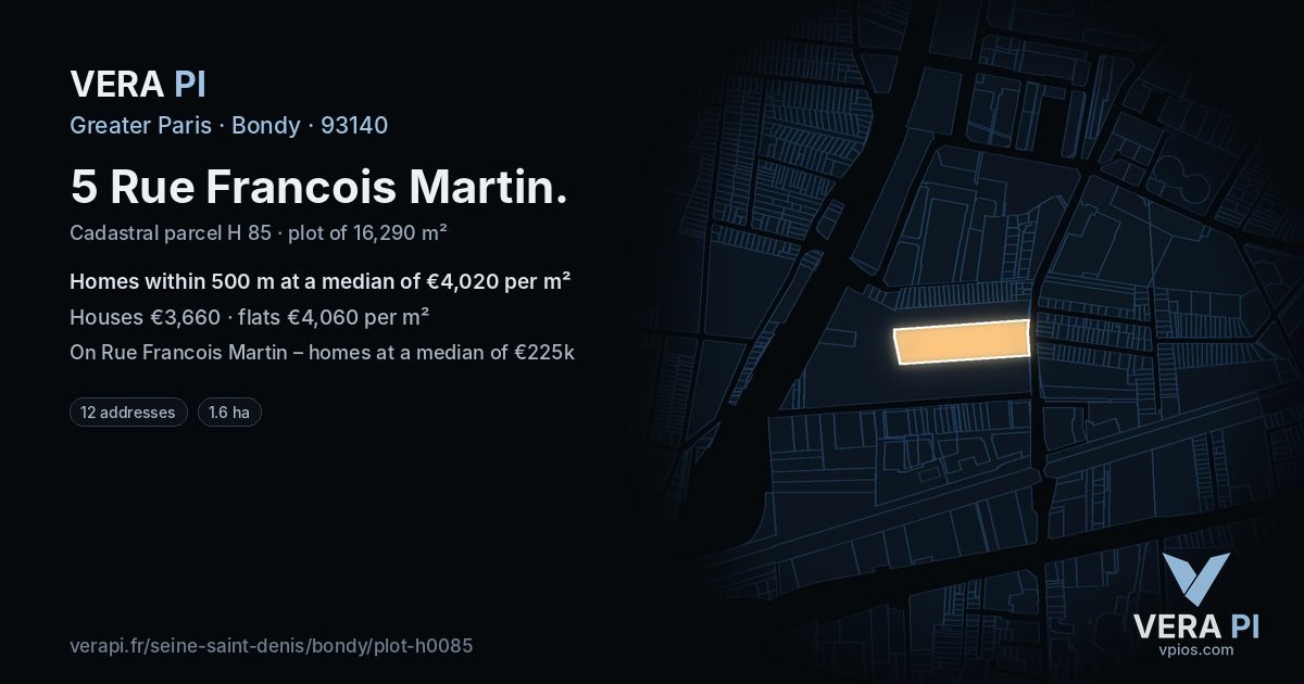 5 Rue Francois Martin, Bondy at night – the plot lit, the parcels around coloured by the prices near them