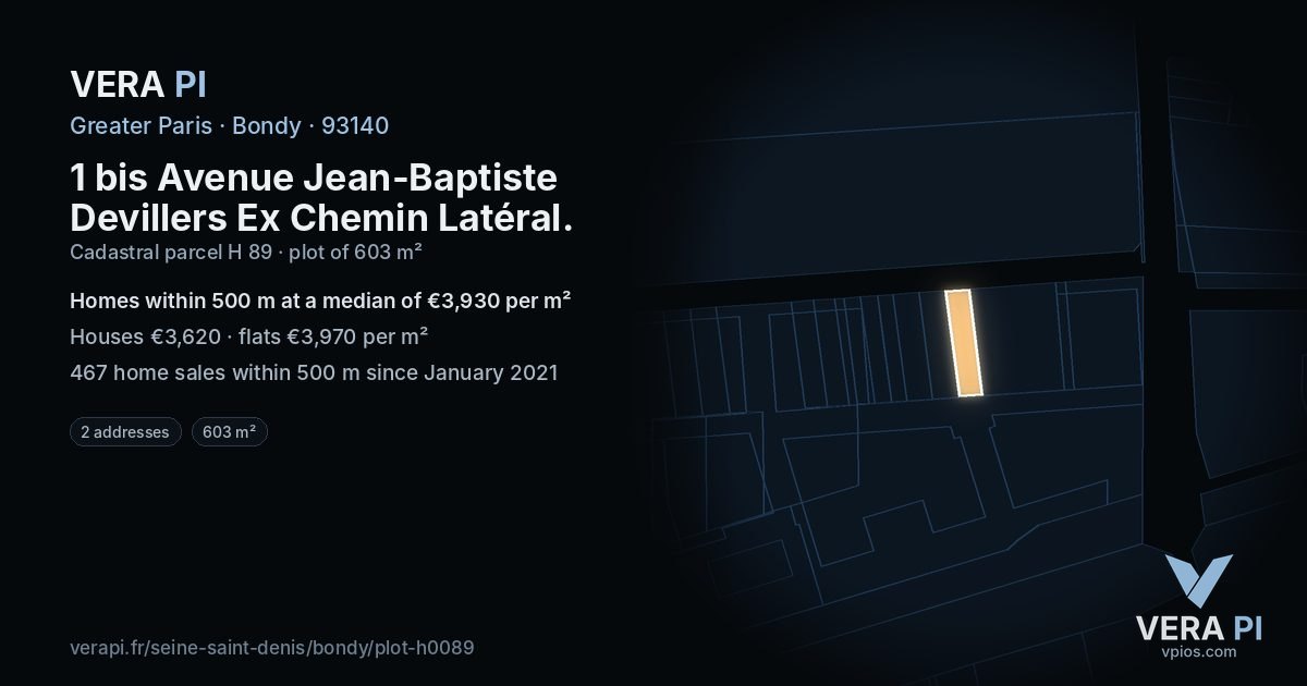 1 bis Avenue Jean-Baptiste Devillers Ex Chemin Latéral, Bondy at night – the plot lit, the parcels around coloured by the prices near them