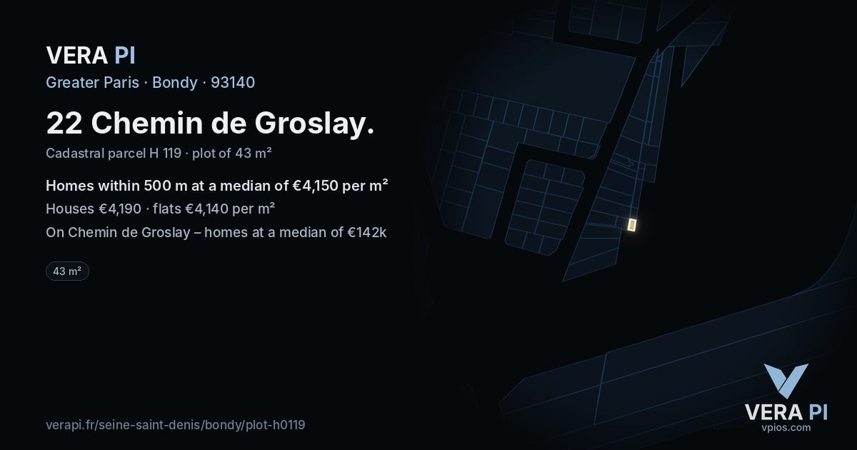 22 Chemin de Groslay, Bondy at night – the plot lit, the parcels around coloured by the prices near them