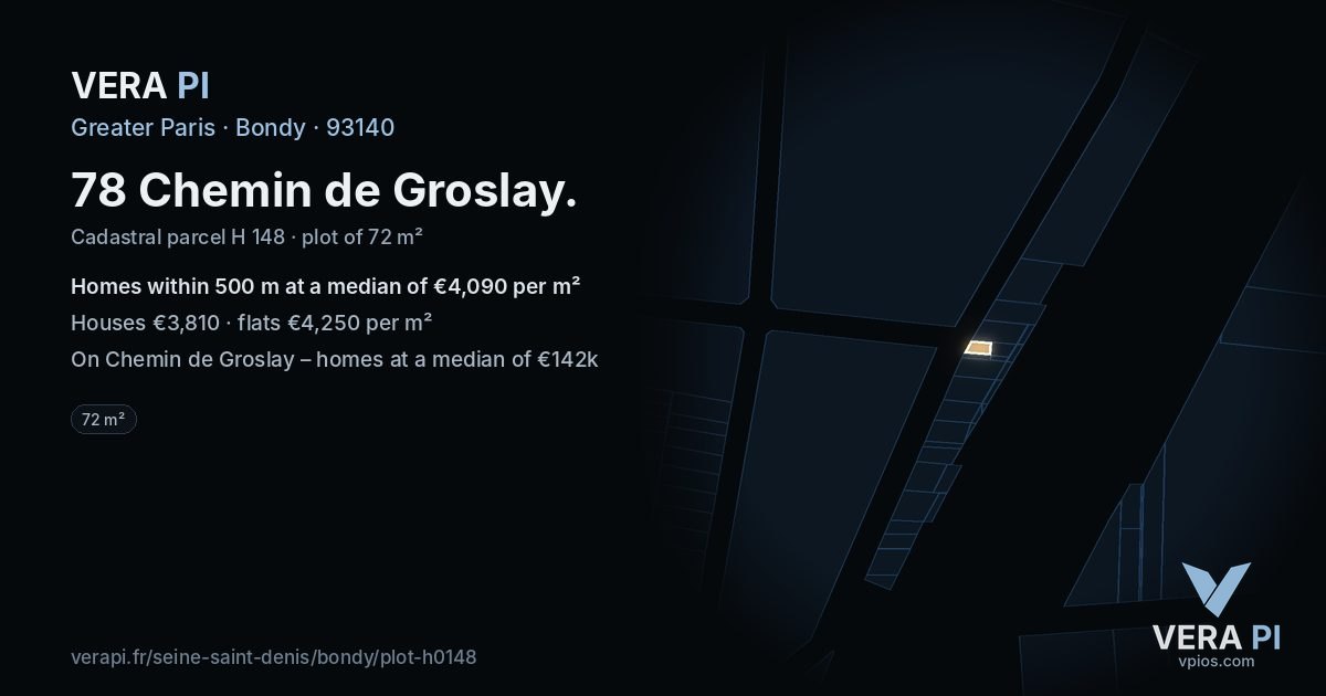 78 Chemin de Groslay, Bondy at night – the plot lit, the parcels around coloured by the prices near them