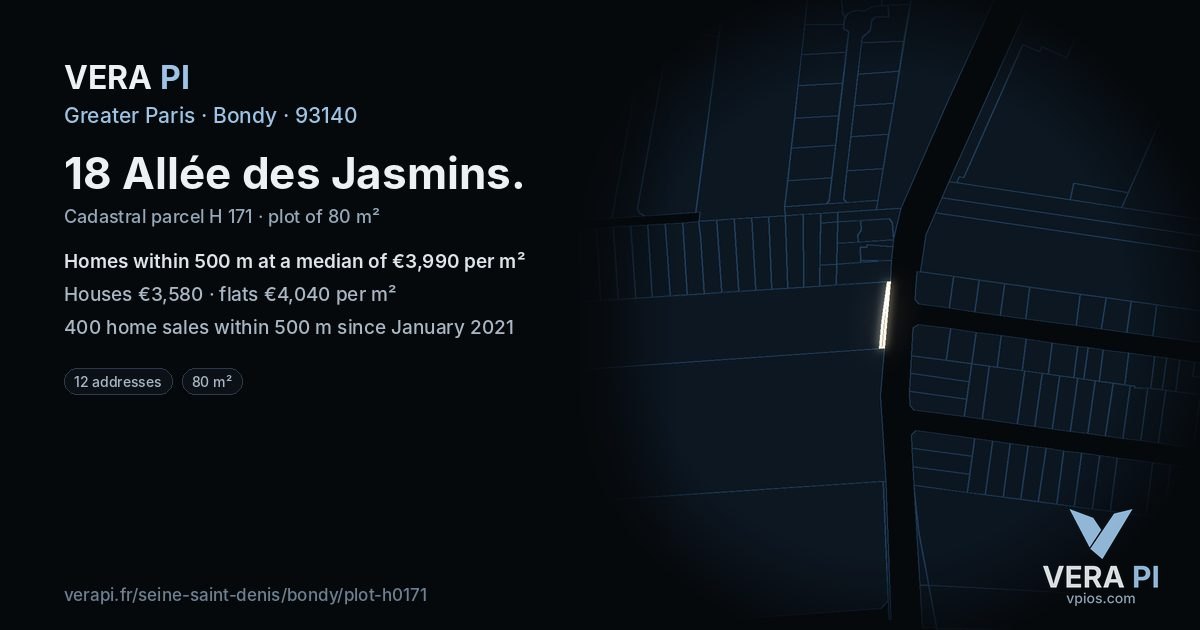 18 Allée des Jasmins, Bondy at night – the plot lit, the parcels around coloured by the prices near them