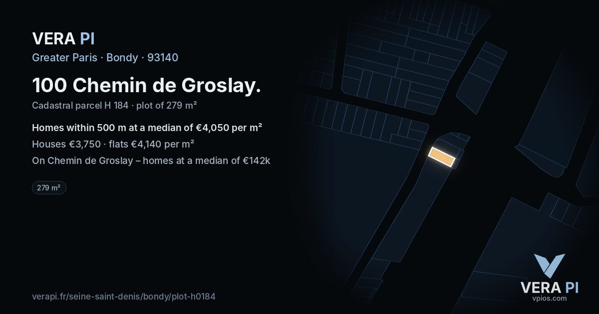100 Chemin de Groslay, Bondy at night – the plot lit, the parcels around coloured by the prices near them