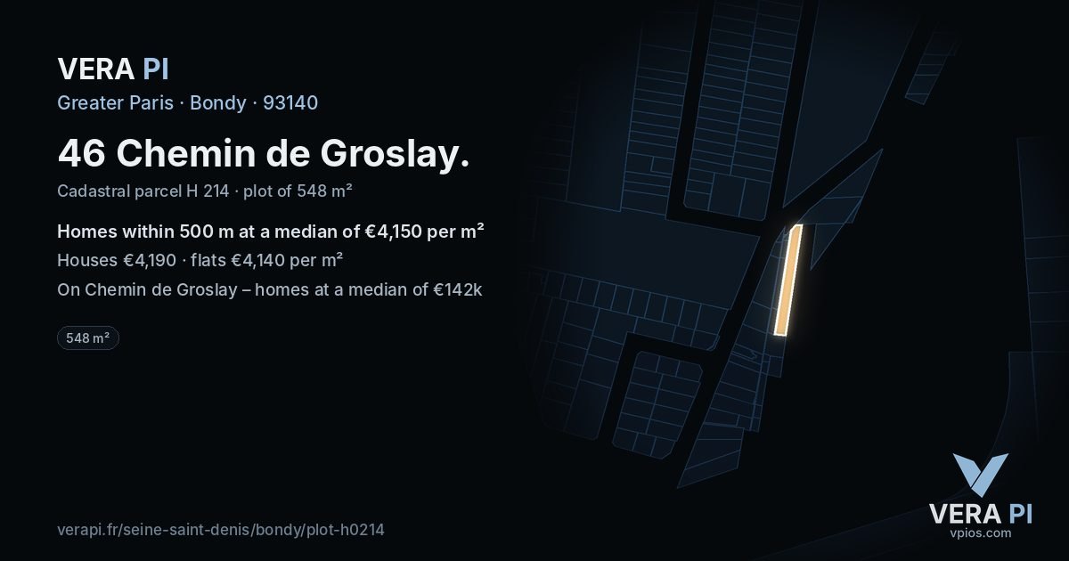 46 Chemin de Groslay, Bondy at night – the plot lit, the parcels around coloured by the prices near them