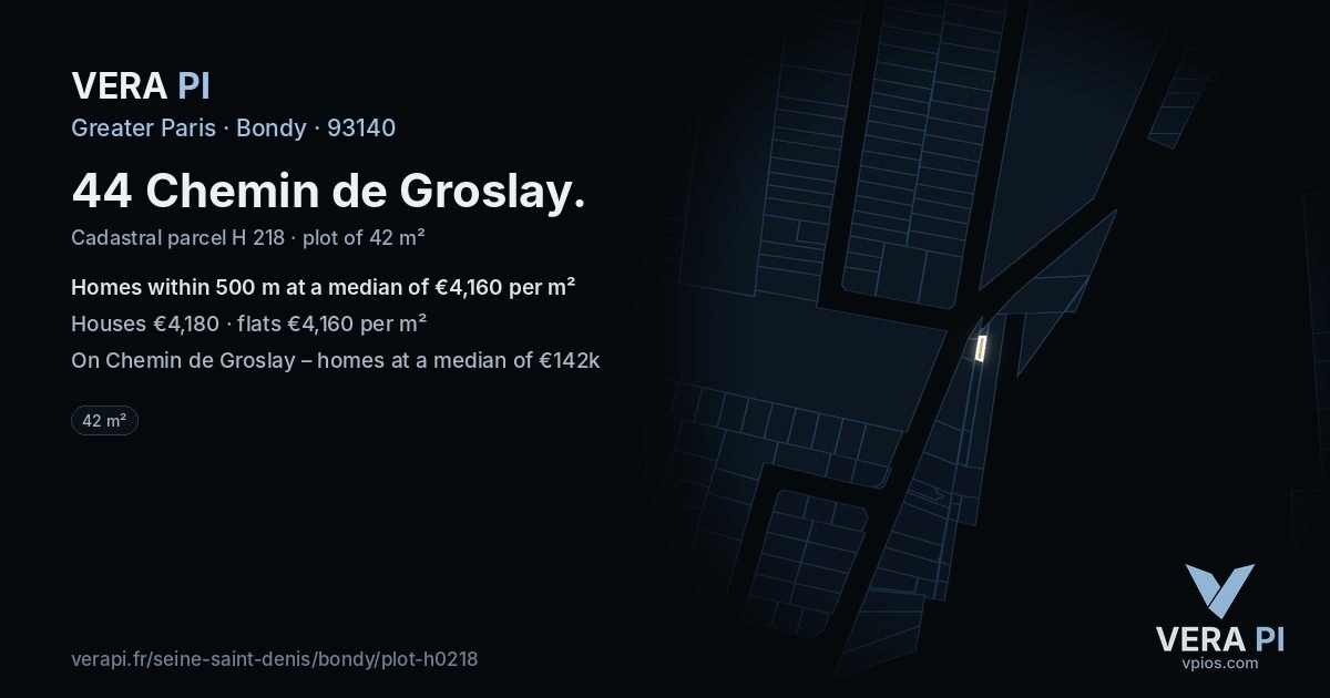 44 Chemin de Groslay, Bondy at night – the plot lit, the parcels around coloured by the prices near them