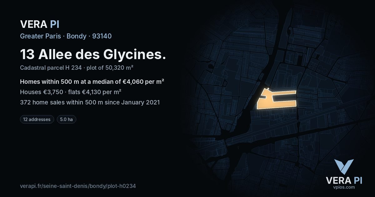 13 Allee des Glycines, Bondy at night – the plot lit, the parcels around coloured by the prices near them