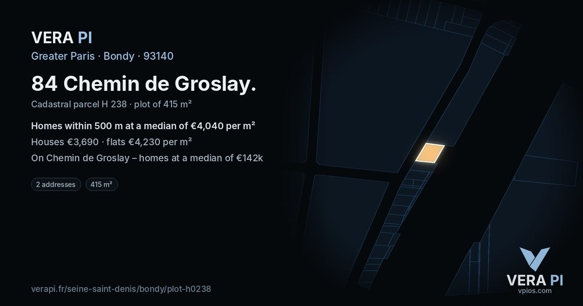 84 Chemin de Groslay, Bondy at night – the plot lit, the parcels around coloured by the prices near them
