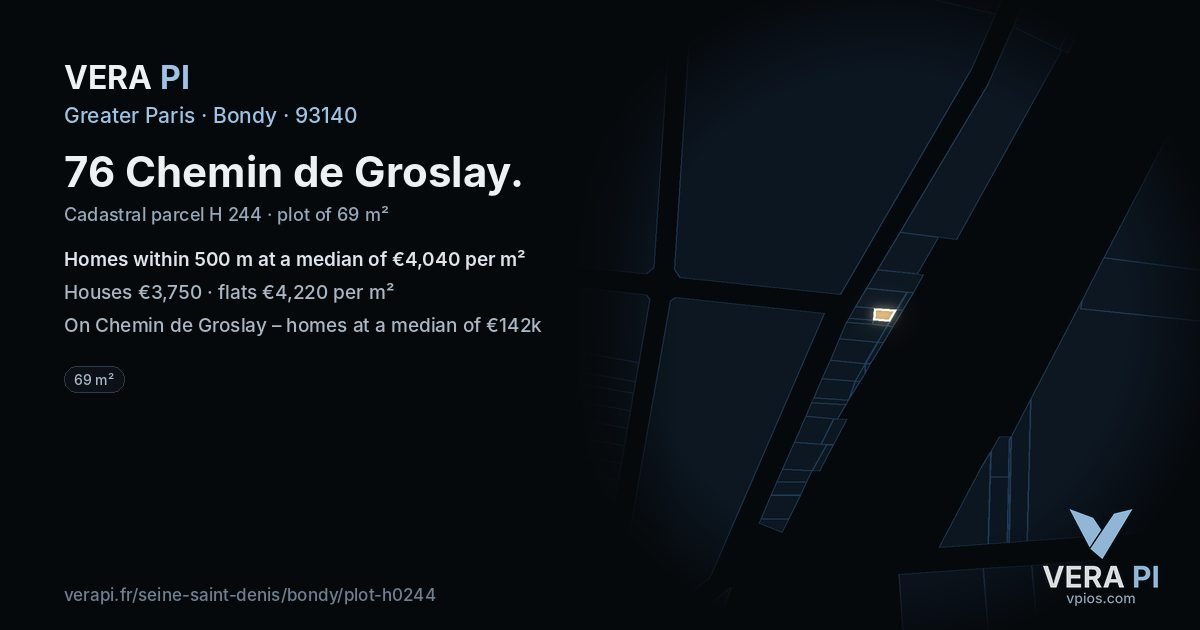 76 Chemin de Groslay, Bondy at night – the plot lit, the parcels around coloured by the prices near them