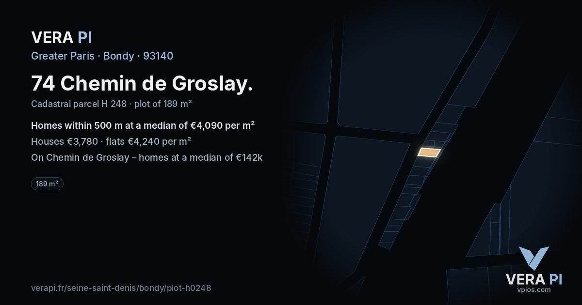 74 Chemin de Groslay, Bondy at night – the plot lit, the parcels around coloured by the prices near them