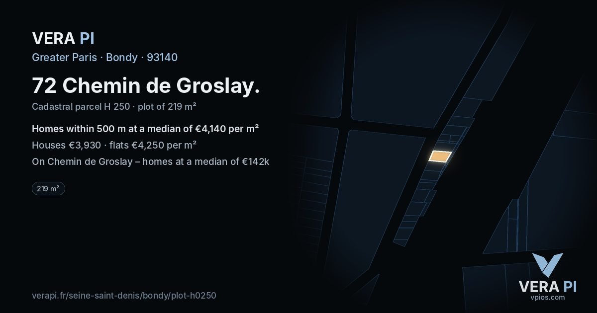 72 Chemin de Groslay, Bondy at night – the plot lit, the parcels around coloured by the prices near them
