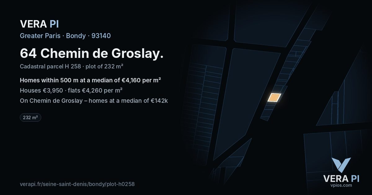 64 Chemin de Groslay, Bondy at night – the plot lit, the parcels around coloured by the prices near them