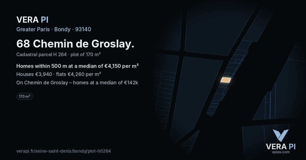 68 Chemin de Groslay, Bondy at night – the plot lit, the parcels around coloured by the prices near them