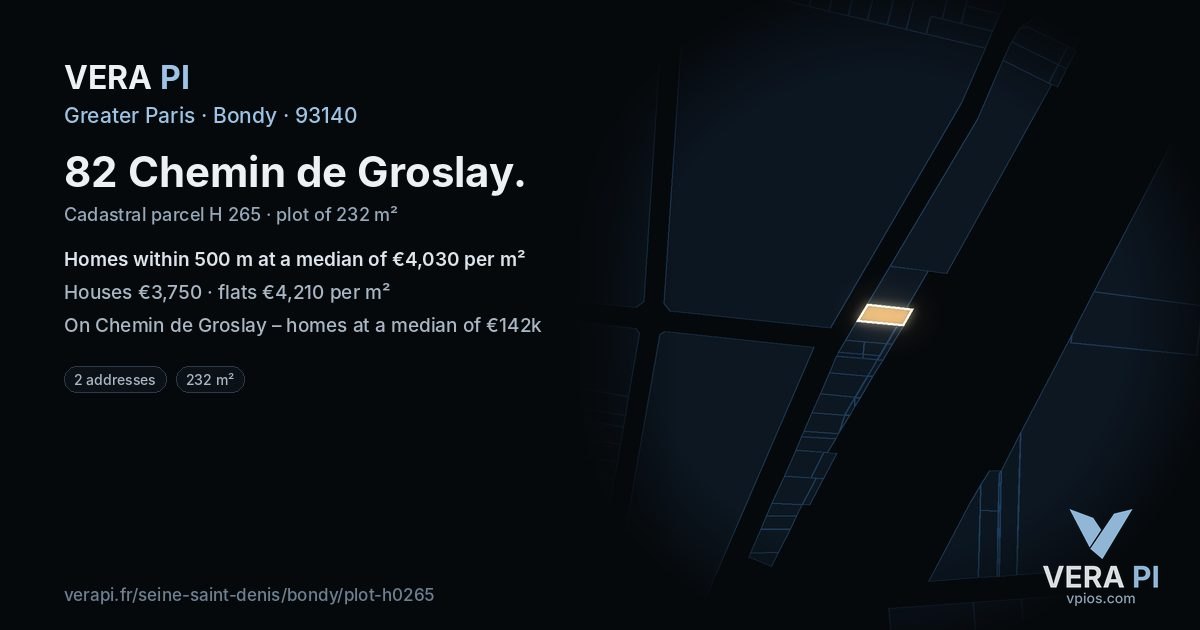 82 Chemin de Groslay, Bondy at night – the plot lit, the parcels around coloured by the prices near them