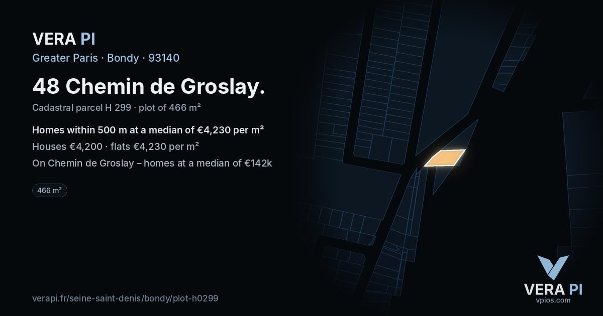 48 Chemin de Groslay, Bondy at night – the plot lit, the parcels around coloured by the prices near them
